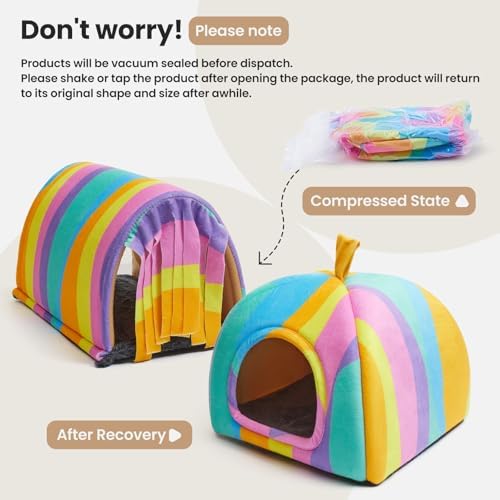 Guinea Pig Hideout Soft Large Bed Tunnel with Door Curtain 2 Pack Guinea Pig Toys Set Bunny Bed Cage Accessories for Small Animals (Rainbow)