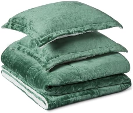 Amazon Basics Reversible Sherpa Comforter Set with Pillow Sham, Down Alternative, Queen/Full, Green, Machine Washable
