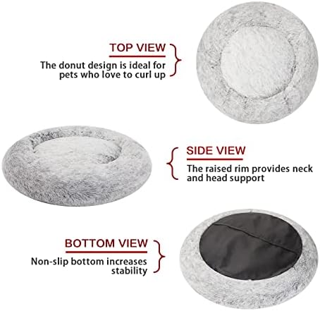 Bedfolks Calming Fluffy Donut Dog Bed for Medium Dogs,Dark Grey, 30" Round