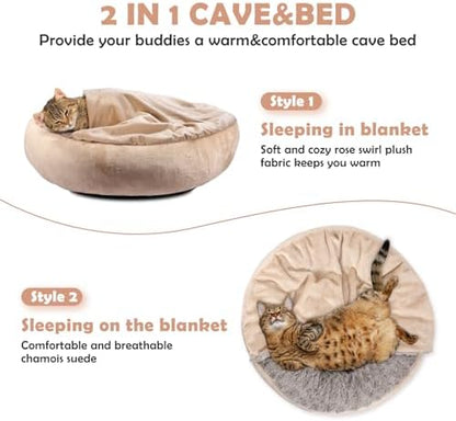 JOEJOY Small Dog Cat Bed With Hooded Blanket, Cozy Cuddler Luxury Puppy Pet Donut Round Calming Anti-Anxiety Burrow Cave - Anti-Slip Bottom, Machine Washable, 23 Inch