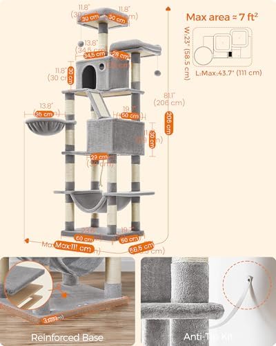 Feandrea Cat Tree, 81.1-Inch Large Cat Tower, Multi-Level Condo, Light Gray