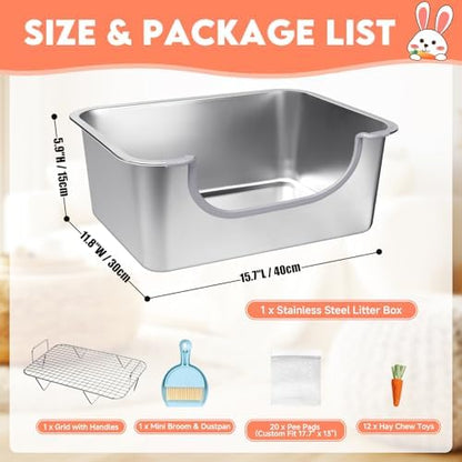Large Stainless Steel Rabbit Litter Box with Handle - Low Entry Bunny Litter Box for Adult Guinea Pigs, Chinchillas - Includes Pee Pads, Cleaning Set & Chew Toys (15.7" x 11.8" x 5.9")