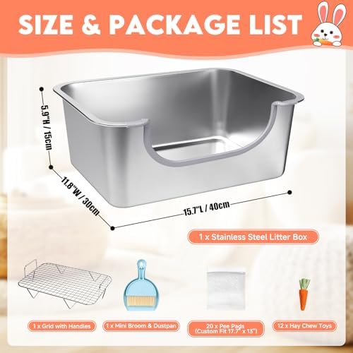 Large Stainless Steel Rabbit Litter Box with Handle - Low Entry Bunny Litter Box for Adult Guinea Pigs, Chinchillas - Includes Pee Pads, Cleaning Set & Chew Toys (15.7" x 11.8" x 5.9")