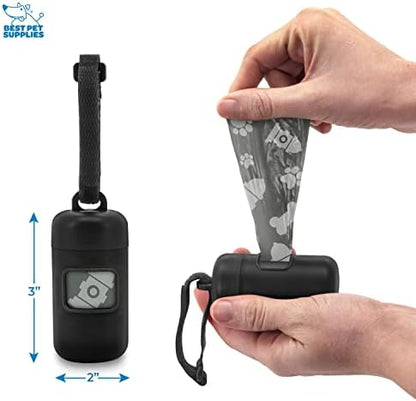 Best Pet Supplies Dog Poop Bag Holder Leash Attachment with Reusable Dispenser for Travel, Walking, Park, and Outdoor Use, Durable with Clip-On - Black, Pack of 2, Plastic Dispenser w/30 Bags