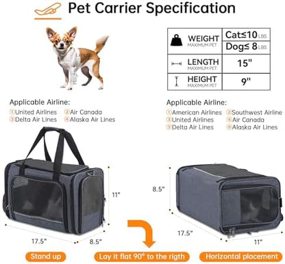 Cat Carrier Pet Travel Carrier by Airplane Approved Under seat, TSA Airline Approved Soft-Sided Dogs Carrier Bag for cat,Dogs,17.5 x 8.5 x 11 inches,Grey