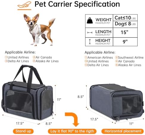 Cat Carrier Pet Travel Carrier by Airplane Approved Under seat, TSA Airline Approved Soft-Sided Dogs Carrier Bag for cat,Dogs,17.5 x 8.5 x 11 inches,Grey