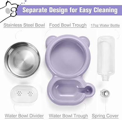 Dog Bowls, Cat Food and Water Bowl Set with Water Dispenser and Stainless Steel Bowl for Cats and Small Dogs - Purple