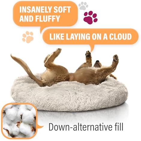 Active Pets Premium Small Donut Dog Bed, Fits Up to 45 lbs, Machine Washable Cushion, Plush Long Pile Faux Fur Fabric, Portable Beige Pet Bed Furniture for Puppies Adult Canines & Cats