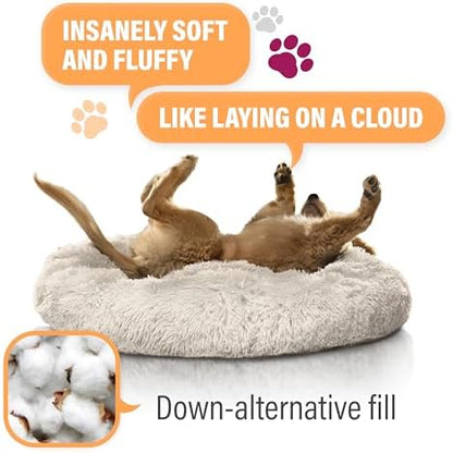 Active Pets Premium Small Donut Dog Bed, Fits Up to 45 lbs, Machine Washable Cushion, Plush Long Pile Faux Fur Fabric, Portable Beige Pet Bed Furniture for Puppies Adult Canines & Cats