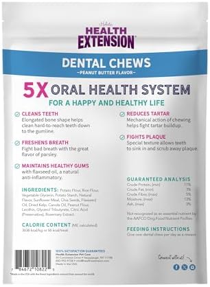 Health Extension Peanut Butter Dental Bones for Dogs, 8 Medium Bones, Healthy Gums, Freshens Breath, Cleans Teeth, Training or Reward, 6 oz Bag (Pack of 1)