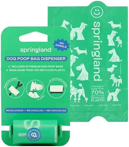 Springland by Springer Dog Poop Bag Dispenser Holder with Bags, No Dangle Design for Leash, Premium Thick Waste Bags with Easy to Open Tab, Unscented, 1 Dispenser and 15 Count