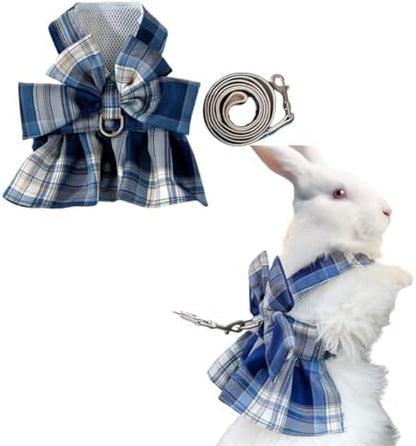 Rabbit Harness and Leash for Walking Escape Proof - Cute Skirt Mesh Breathable Bunny Vest Harness Outdoor Camping Hiking Training - Also Suit for Ferret Kittn Puppy Small Animals (Large,Blue)