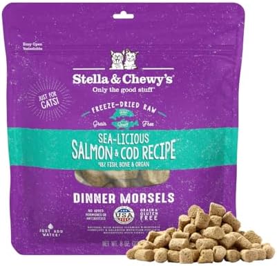 Stella & Chewy's Freeze-Dried Raw Cat Dinner Morsels - Premium Salmon & Cod Recipe with 98% Wild-Caught Fish & Organs - Natural Grain-Free Cat & Kitten Food - Made in USA - 8 oz