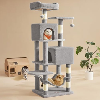 Feandrea Cat Tree, 59.5-Inch Tall Cat Tower, Multi-Level Condo, Light Gray