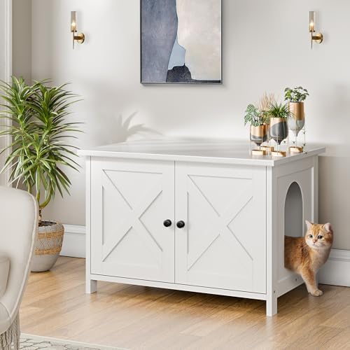 Shintenchi Cat Litter Box Enclosure, Litter Box Furniture Cabinet Hidden with Removable Divider, Wooden Cat House with End Table, White, 31.5 inch