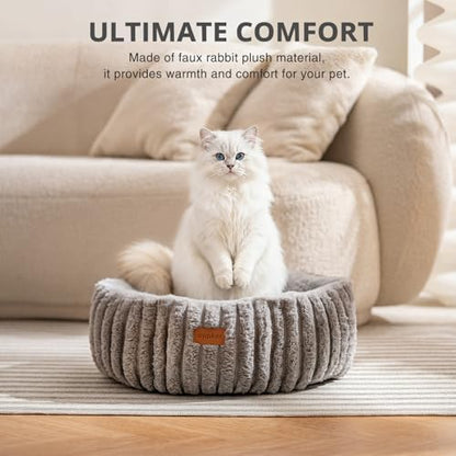 Cat Bed, Washable Round Cat Beds for Indoor Cats, Super Soft Faux Rabbit Fur Pet Bed for Puppy and Kitten with Anti-Slip Bottom (Grey, 20"x20"x8")