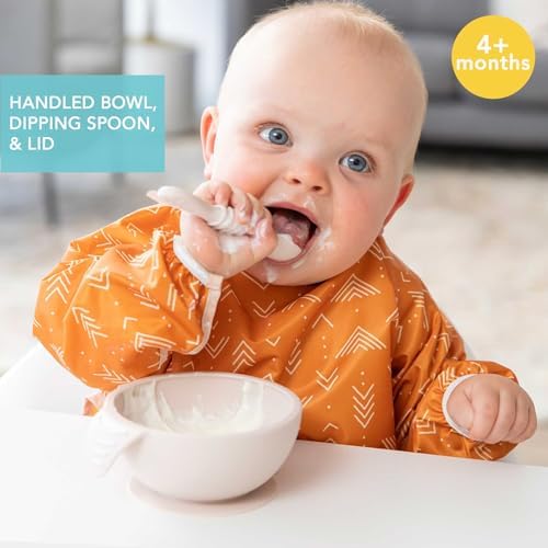Bumkins Feeding Set with Suction, Includes Spoon and Lid, Training Essentials for Baby-Led Weaning, Toddler Self-Feeding, Babies Eating at 4 Mos Up, Beige