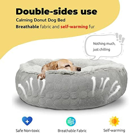 Hachikitty Dog Donut Round Calming Bed, Fluffy Bed for Medium Large Dogs, Double Sided with Warm & Cool Sides (24"x24"x7", Grey)