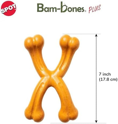 SPOT Bam-bones PLUS Double Wishbone -Bamboo Fiber & Nylon, Durable Long Lasting Dog Chew for Aggressive Chewers for Dogs & Puppies under 90lbs, Non-Splintering, 7in, Allergen Free Peanut Butter Flavor