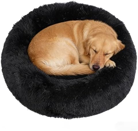 Calming Donut Dog Beds Large Sized Dog - Washable Removable Cover Non-Slip, Round Pet Bed Warming Fluffy Plush Faux Fur Anti-Anxiety Thick Cushion, Fits up to 80 lbs (Black, 36")