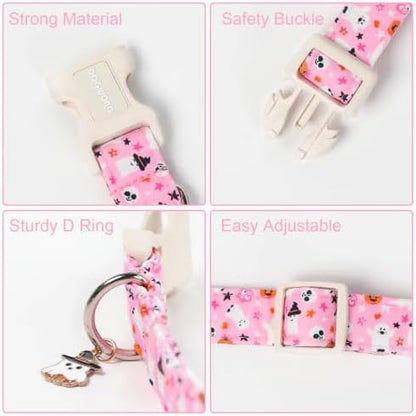 DOGWONG Pink Halloween Dog Collar, Pink Ghost Fall Dog Collar,Girl Female Halloween Dogs Collars for X-Small Puppies Dogs, Neck 8-12 inches
