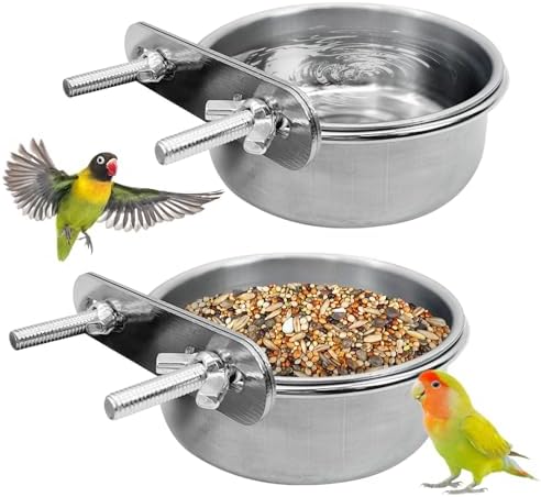 PINVNBY Stainless Steel Bird Bowl Parrot Food Water Bowls with Clamp Holder Bird Feeder Dish Cups Crate Bowls for Cockatiel Pigeons Conure Budgies African Greys (2PCS Screw Size: M)