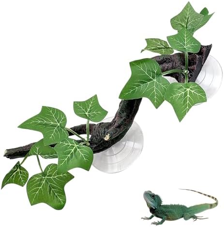 PINVNBY Reptile Corner Branch Resin Climb Tree Branch Decor with Leaves Terrarium Plant Decoration with Suction Cup Gecko Plant Ornament for Amphibian Lizard Snake Climbing (1 Pcs)