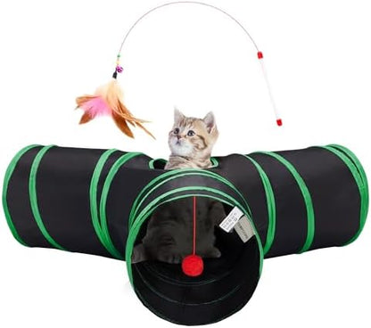 Tempcore Cat Tunnel, 3-Way Collapsible Toy for Indoor Cats, Black & Green