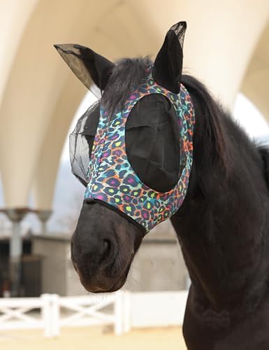 Harrison Howard Stretch Fly Mask with Forelock Opening and Patterns Comfortable Breathable Snug Fitting Horse Fly Mask Leopard L