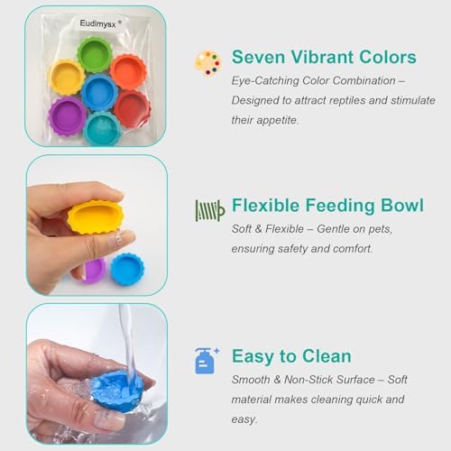 7 Pack Crested Gecko Food and Water Bowl, Eudimysx Reusable Small Reptile Feeding Dish, Gecko Tank Accessories for Hermit Crab, Tarantula, Isopods, Snails and Lizard, Silicone Easy Clean & 7 Colors