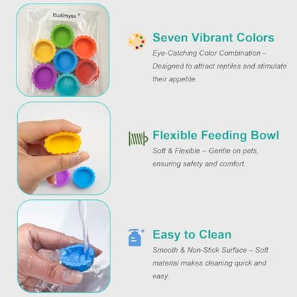 7 Pack Crested Gecko Food and Water Bowl, Eudimysx Reusable Small Reptile Feeding Dish, Gecko Tank Accessories for Hermit Crab, Tarantula, Isopods, Snails and Lizard, Silicone Easy Clean & 7 Colors