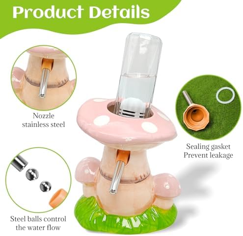 BNOSDM Hamster Water Bottle No Drip Ceramic Hamster Water Bottle for Glass Tank - 80ML Water Dispenser with Mushroom Stand Holder for Syrian Hamsters, Dwarf Hamsters, Mice, Gerbils (Pink)