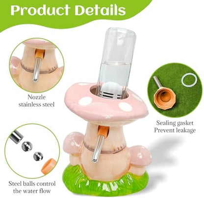 BNOSDM Hamster Water Bottle No Drip Ceramic Hamster Water Bottle for Glass Tank - 80ML Water Dispenser with Mushroom Stand Holder for Syrian Hamsters, Dwarf Hamsters, Mice, Gerbils (Pink)