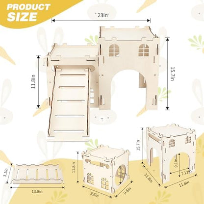 BWOGUE Wooden Bunny Castle Hideout, Extra Large Bunny House with Stairs