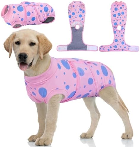 Kuoser Dog Surgery Suit, Soft Dog Spay Recovery Suit Female, Anti Licking Neuter Recovery Suit for Male Dogs, Post-Op Pet Surgical Suit Protective Wear E-Collar & Cone Alternative,Pink Polka Dots M