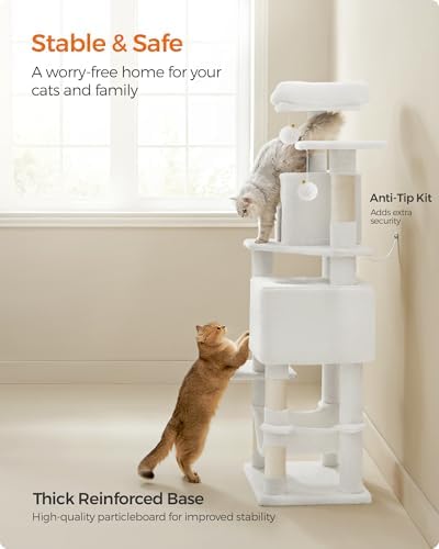Feandrea Cat Tree, 59.5-Inch Tall Cat Tower, Multi-Level Condo, Cream White