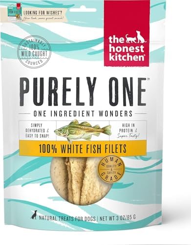 The Honest Kitchen Wishes White Fish Filets Dog Treats, Human Grade Single Ingredient Dehydrated Fish Chews, High Protein Limited Ingredient Training Treats for Dogs, 3 oz