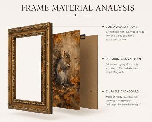 Framed Vintage Style Wall Art Rustic Forest Animal Whimsical Squirrel Canvas Print Farmhouse Decor for Bedroom or Living Room 8x10 Inches Suitable for Hanging or Tabletop Display