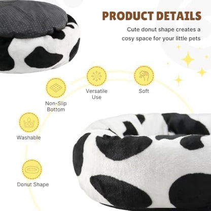 Guinea Pig Bed Soft Washable Donut-Shaped Burrowing Pet Bed for Dwarf Rabbits, Hedgehogs, Chinchillas, Ferrets, Rats Small Animal Mat for Snuggling and Playtime - Cow Pattern