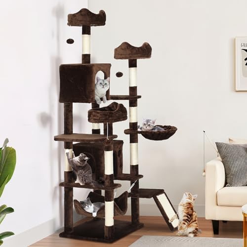YITAHOME Tall Cat Tree for Indoor Cats, 75 inch Multi-Level Cat Tower with Cat Condos, Top Perches, Sisal Ramp Scratching Posts, Cozy Basket, Hammocks, Large Cat Pet Activity Structure, Brown