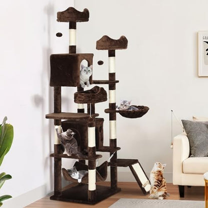 YITAHOME Tall Cat Tree for Indoor Cats, 75 inch Multi-Level Cat Tower with Cat Condos, Top Perches, Sisal Ramp Scratching Posts, Cozy Basket, Hammocks, Large Cat Pet Activity Structure, Brown