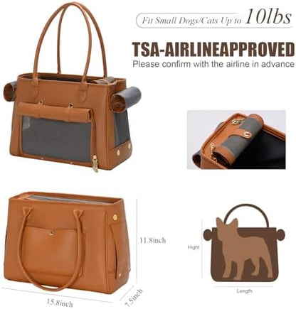 Fashion Pet Carrier Purse for Small Cat and Dog, Luxury Pu Soft-Sided Tote Bag with Large Pockets for Dogs and Puppies (Brown, 15.8" L x 7.5" W x 11.8" H)