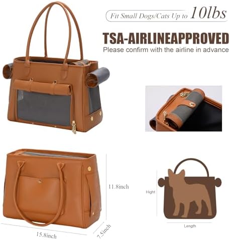 Fashion Pet Carrier Purse for Small Cat and Dog, Luxury Pu Soft-Sided Tote Bag with Large Pockets for Dogs and Puppies (Brown, 15.8" L x 7.5" W x 11.8" H)