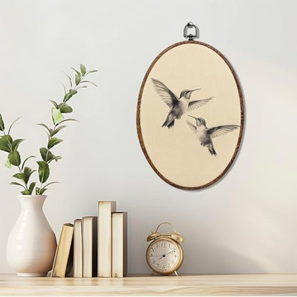 Vintage Hummingbird Oval Framed Wall Art, Cute Two Birds Canvas Art Wall Decor，Cottage Hummingbird Hanging Decor Painting Artwork for Farmhouse Hallway Bathroom Living Room Decoration 8.3x12inch