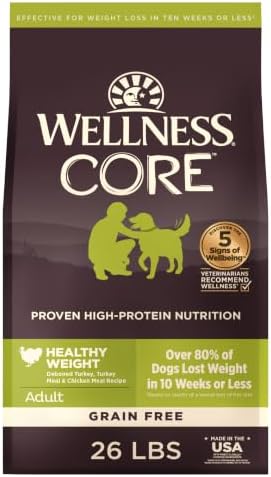 Wellness CORE Healthy Weight Adult Dry Dog Food, Grain Free Kibble, Natural, High Protein, Turkey and Chicken Recipe, 26 lb Bag