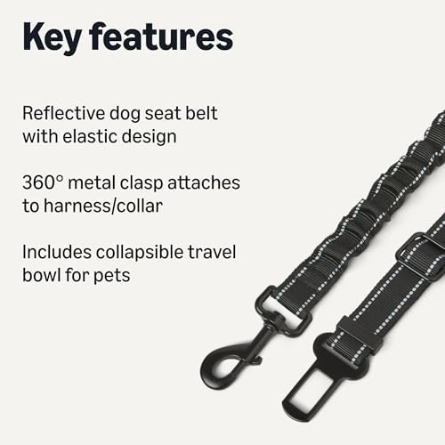 Amazon Basics Dog seat Belt, Adjustable Dog Car Harness, Adjustable Length 26"-39", Includes Collapsible Travel Bowl, Black