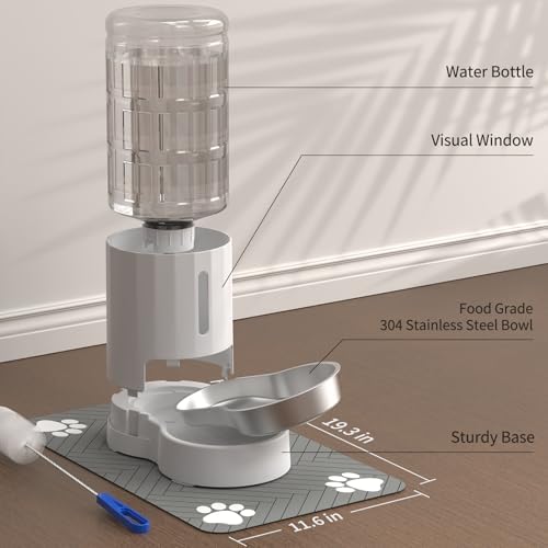 JUNSPOW Cat Water Dispenser with Placemat & Stainless Steel Bowl (4L White)