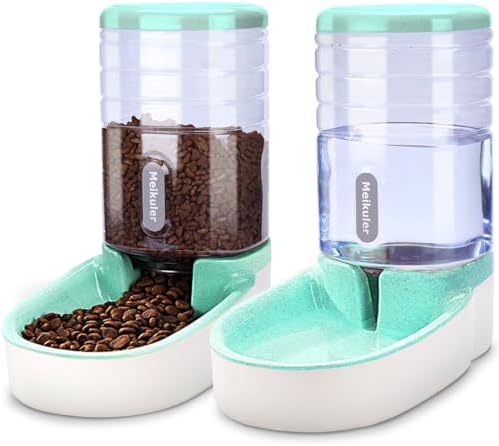 Meikuler Automatic Dog Cat Feeder and Water Dispenser Set,Waterer and Gravity Food Feeder for Small & Medium Dogs Cats Puppies,Large Capacity 1 Gallon x 2 (Green)