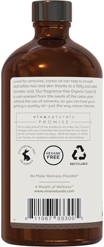 Viva Naturals Organic Castor Oil, Cold-Pressed, 16 fl oz – For Face, Hair, Eyelashes, USDA Organic, Non-GMO - Glass Bottle