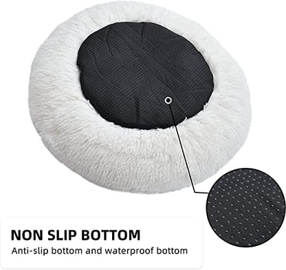 White Faux Fur Cat & Dog Beds 20 inches - Washable Dog Beds for Small Medium Dogs, Anti-Anxiety, Round Plush, Fluffy Thick Bottom
